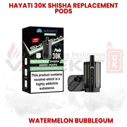 Hayati 30K Shisha replacement pods in Watermelon Bubblegum flavour with Pro Ultra Shisha packaging, designed for up to 30000 puffs and refillable pod system.