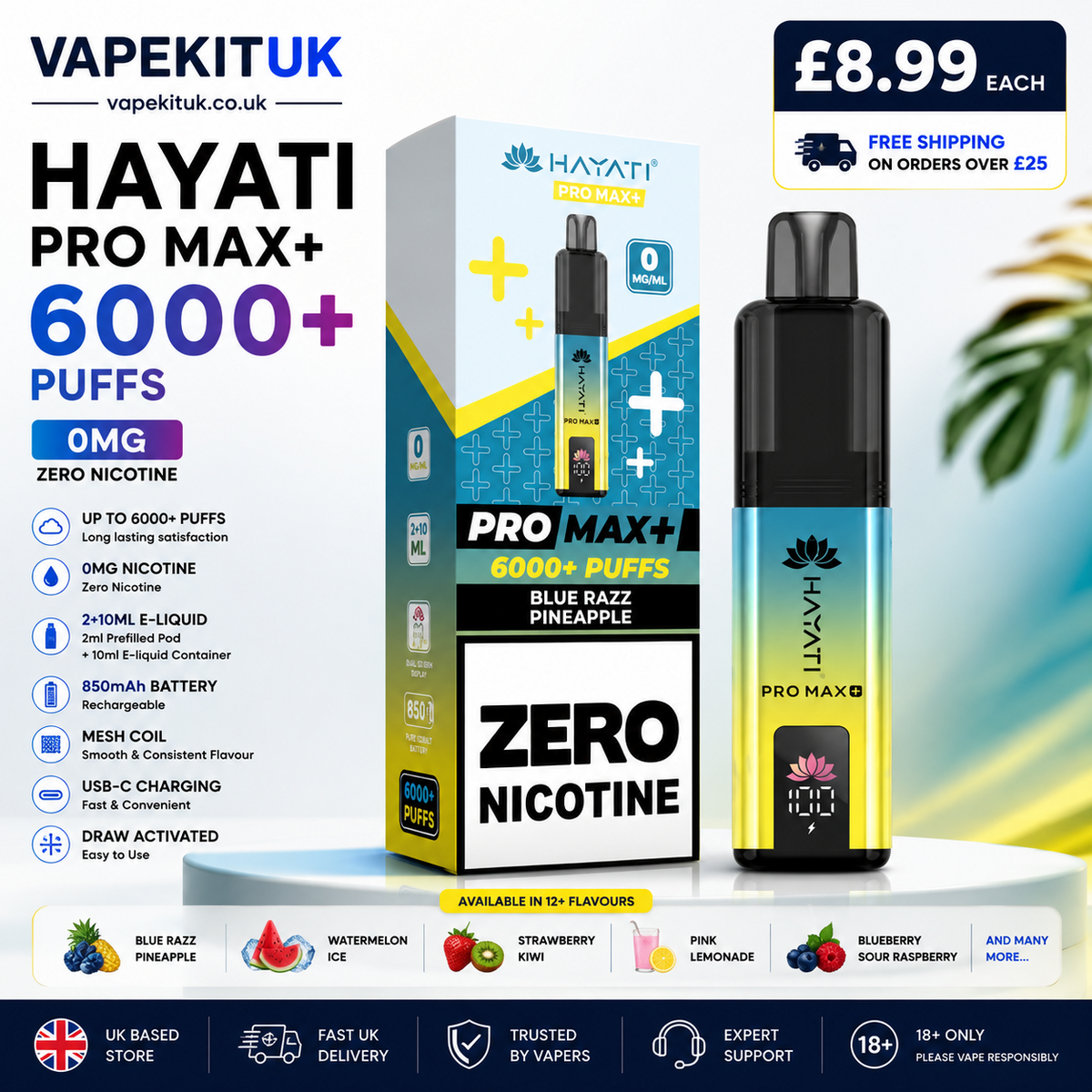 Hayati Pro Max+ vape device in Blue Razz Pineapple flavour next to its retail packaging box. The device features a black body with a blue and yellow gradient section on the lower half.