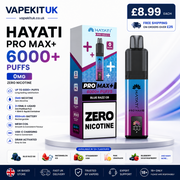 Hayati Pro Max+ vape pen and packaging box shown on a white pedestal with promotional text, pricing, flavor icons, and UK store trust badges. The product is blue razz gb digital screen on the pen.