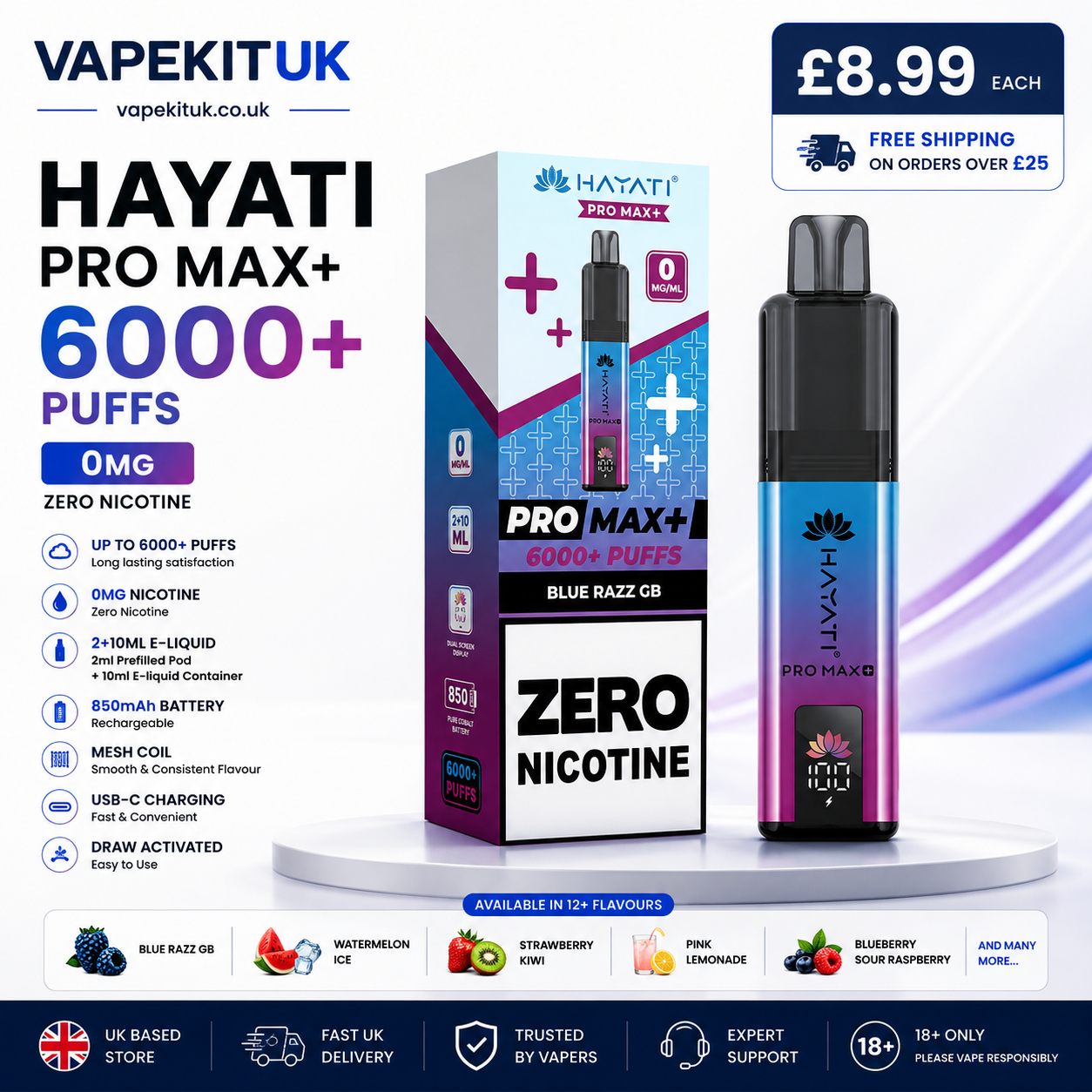 Hayati Pro Max+ vape pen and packaging box shown on a white pedestal with promotional text, pricing, flavor icons, and UK store trust badges. The product is blue razz gb digital screen on the pen.