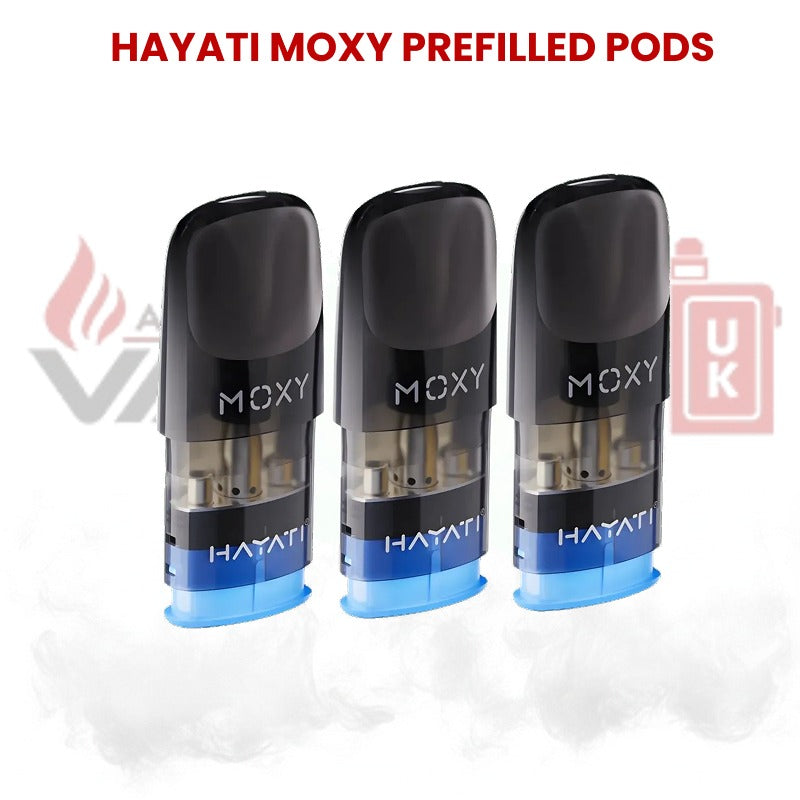 Hayati Moxy prefilled vape pods pack of three shown on white background