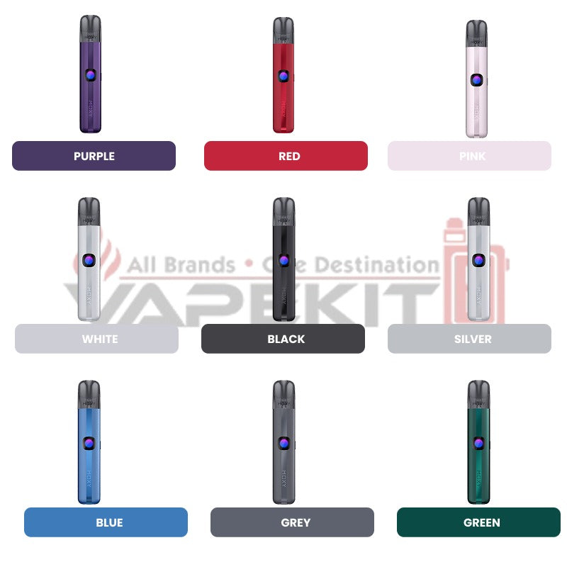 Hayati Moxy Pro Kit vape device full colour range shown in a grid with labels for each colour