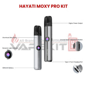 Hayati Moxy Pro Kit vape device feature diagram showing power adjustment button, USB-C charging port, indicator light and aluminum alloy body
