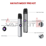 Hayati Moxy Pro Kit vape device feature diagram showing power adjustment button, USB-C charging port, indicator light and aluminum alloy body