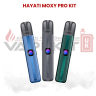 Hayati Moxy Pro Kit vape device displayed in three colours on white background