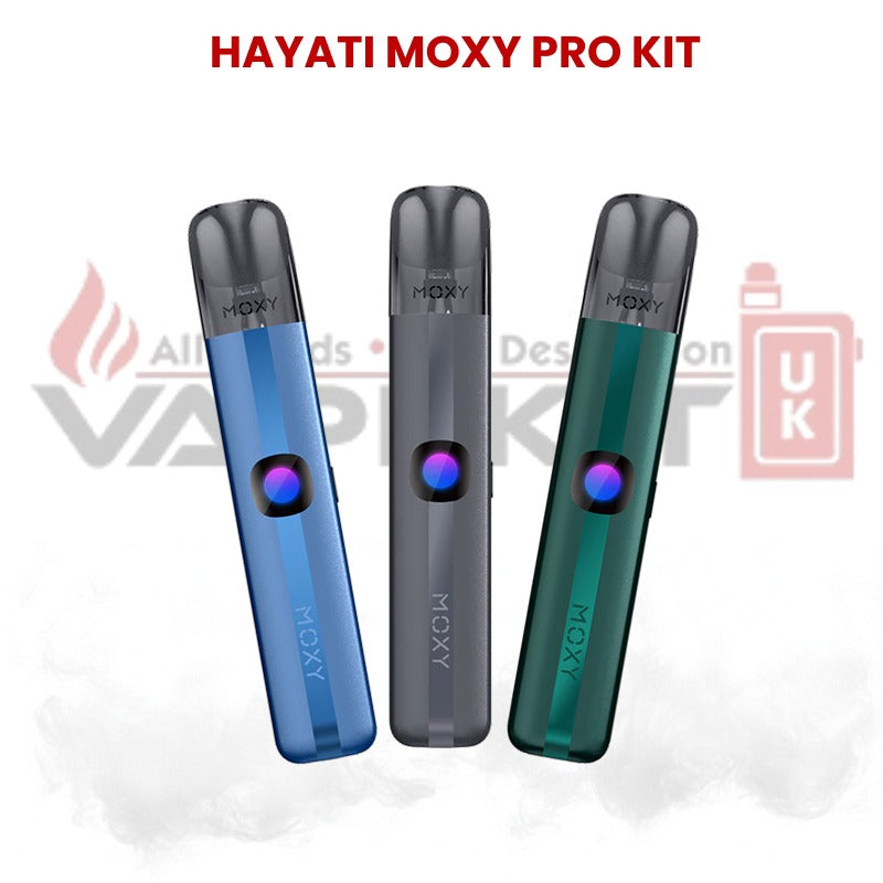 Hayati Moxy Pro Kit vape device displayed in three colours on white background
