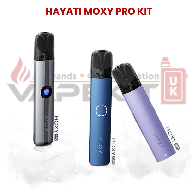 Hayati Moxy Pro Kit vape device displayed in three colours with smoke effect on white background