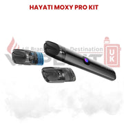 Hayati Moxy Pro Kit vape device shown with interchangeable pods and smoke effect on white background