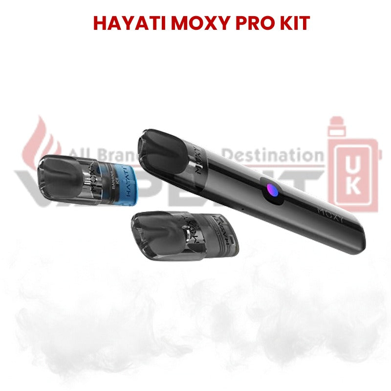 Hayati Moxy Pro Kit vape device shown with interchangeable pods and smoke effect on white background