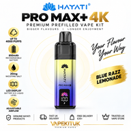 Hayati Pro Max Plus 4000 Blue Razz Lemonade 20mg prefilled pod kit with 850mAh rechargeable battery and VapeKitUK branding