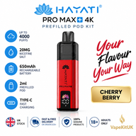 Hayati Pro Max Plus 4000 Cherry Berry 20mg prefilled pod kit, red device, product features and VapeKitUK branding