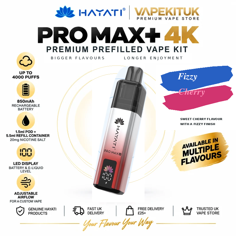 Hayati Pro Max Plus 4000 Fizzy Cherry rechargeable prefilled pod kit – VapeKitUK