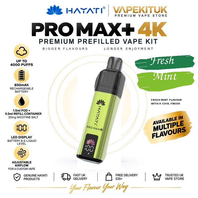 Hayati Pro Max Plus 4000 Fresh Mint 20mg rechargeable pod kit with mint flavour swatches