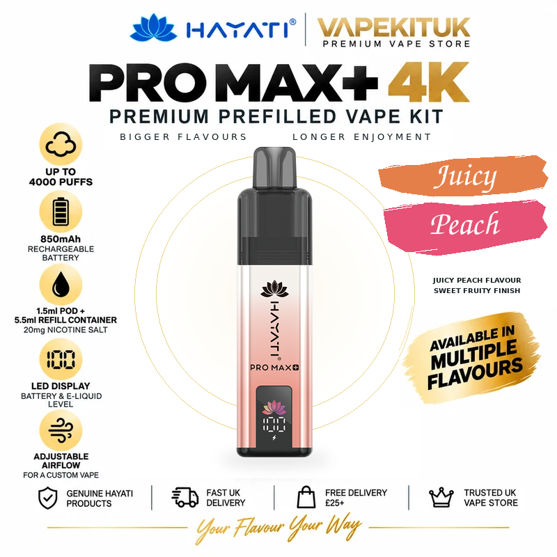 Hayati Pro Max Plus 4000 Juicy Peach 20mg rechargeable pod kit with Juicy Peach flavour label