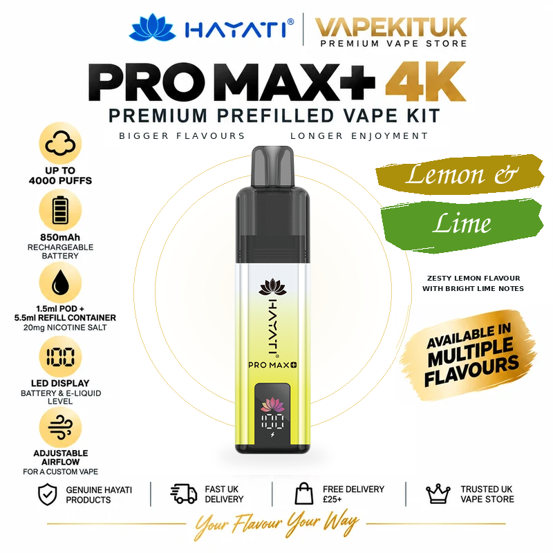 Hayati Pro Max Plus 4000 Lemon & Lime 20mg rechargeable pod kit with Lemon & Lime flavour label