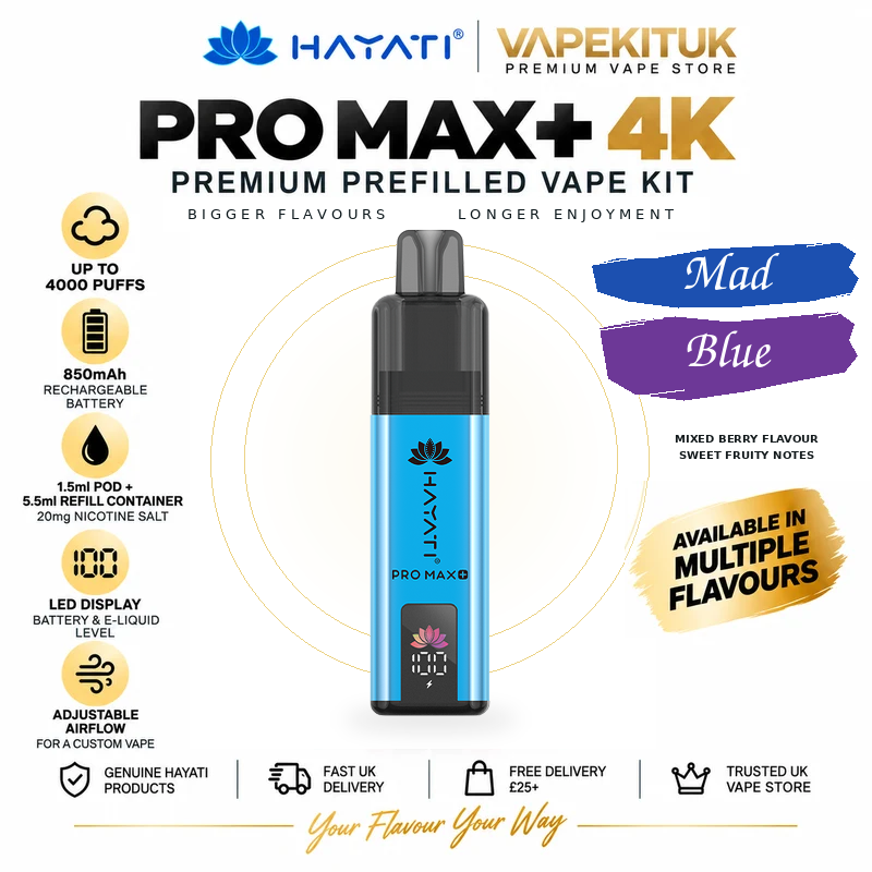Hayati Pro Max Plus 4000 Mad Blue 20mg rechargeable pod kit with Mad Blue flavour label