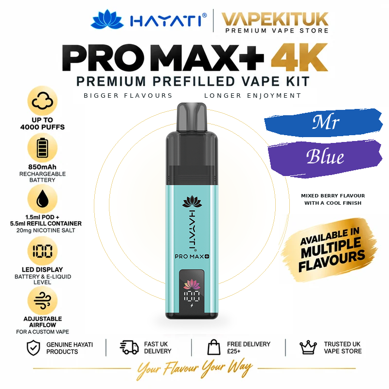 Hayati Pro Max Plus 4000 Mr Blue 20mg rechargeable pod kit with Mr Blue flavour label