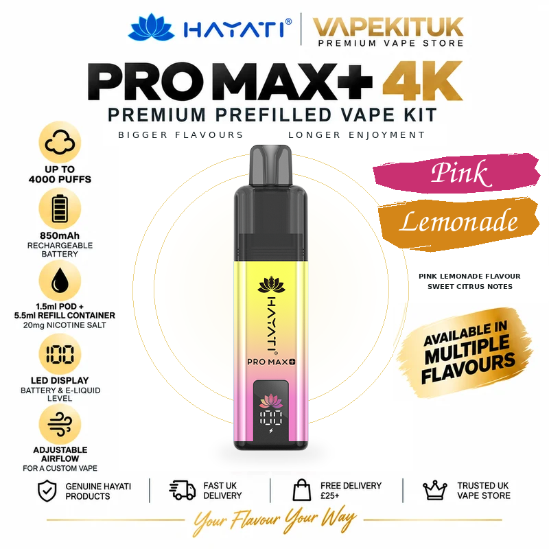 Hayati Pro Max Plus 4000 Pink Lemonade 20mg rechargeable pod kit with Pink Lemonade flavour label