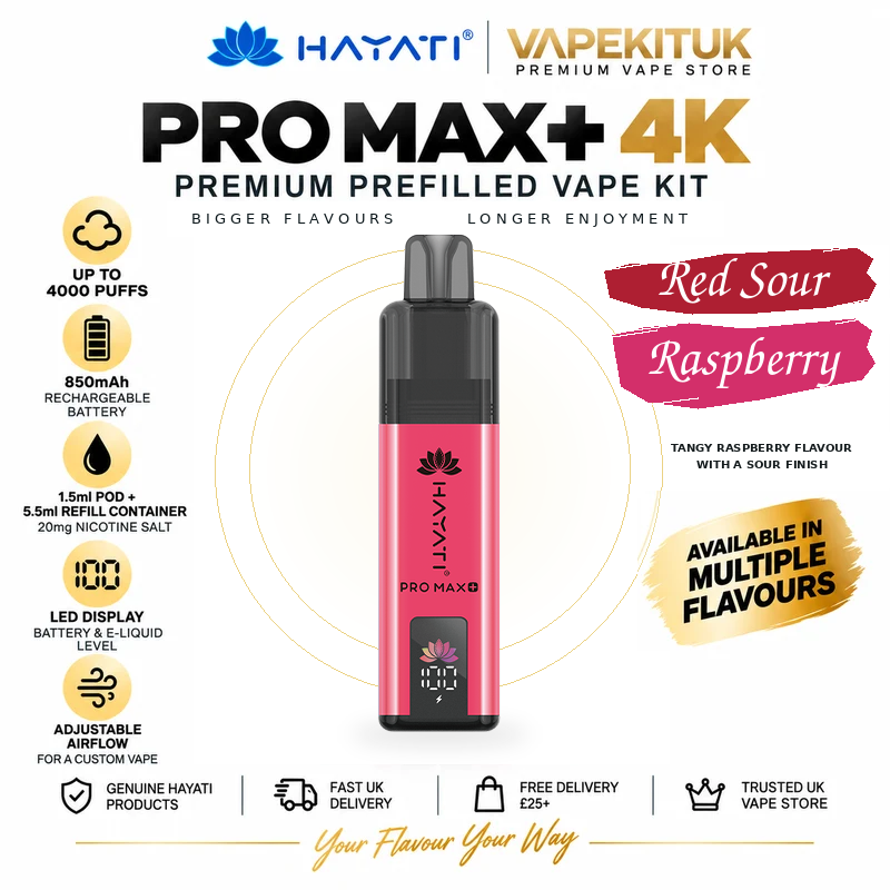 Hayati Pro Max Plus 4000 Red Sour Raspberry 20mg rechargeable pod kit with Red Sour Raspberry flavour label