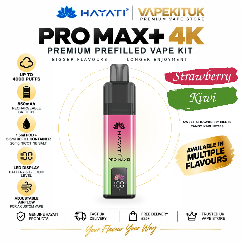 Hayati Pro Max Plus 4000 Strawberry Kiwi 20mg rechargeable pod kit with Strawberry Kiwi flavour label