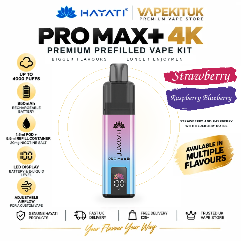 Hayati Pro Max Plus 4000 Strawberry Raspberry Blueberry 20mg rechargeable pod kit with Strawberry Raspberry Blueberry flavour label