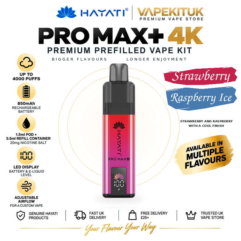 Hayati Pro Max Plus 4000 Strawberry Raspberry Ice 20mg rechargeable pod kit with Strawberry Raspberry Ice flavour label
