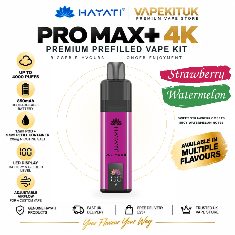 Hayati Pro Max Plus 4000 Strawberry Watermelon 20mg rechargeable pod kit with Strawberry Watermelon flavour label