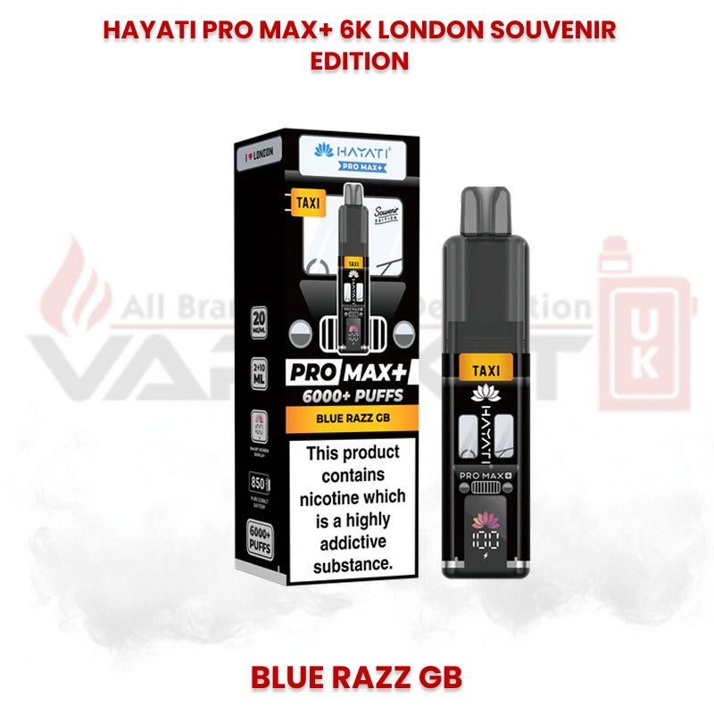 Hayati Pro Max+ 6000 puffs London Souvenir Edition Blue Razz GB vape with London taxi themed black design and packaging displaying 20mg nicotine strength