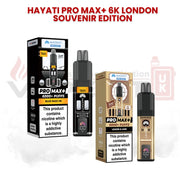 Hayati Pro Max+ 6000 puffs London Souvenir Edition vape set displaying Blue Razz GB taxi design and Lemon & Lime Big Ben themed design with packaging and 20mg nicotine strength.