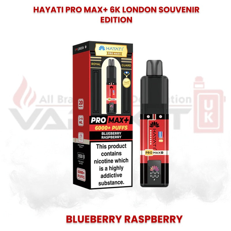 Hayati Pro Max+ 6000 puffs London Souvenir Edition vape in Blueberry Raspberry flavour with packaging displaying royal guard themed design and 20mg nicotine strength.