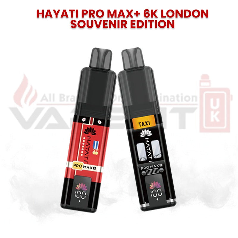 Hayati Pro Max+ 6000 puffs London Souvenir Edition vapes showing two themed device designs including Union Jack style and London taxi inspired edition.
