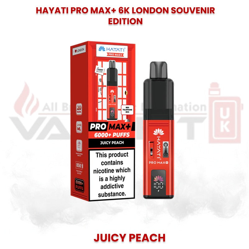 Hayati Pro Max+ 6000 puffs London Souvenir Edition vape in Juicy Peach flavour with packaging showing London themed design and 20mg nicotine strength.