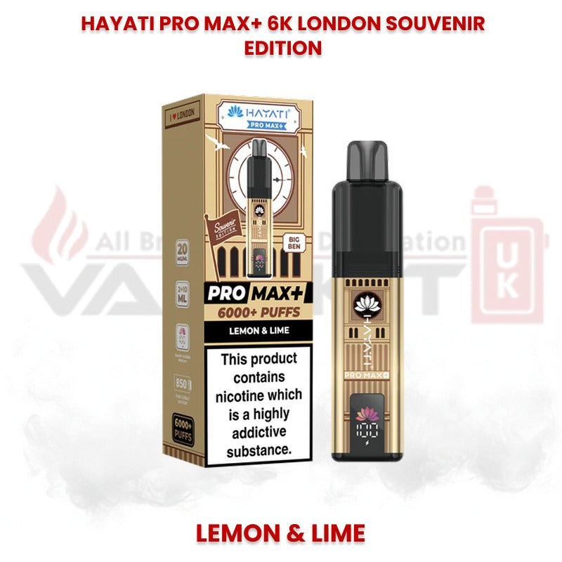 Hayati Pro Max+ 6000 puffs London Souvenir Edition vape in Lemon and Lime flavour with packaging showing 20mg strength and iconic London themed design.