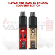 Hayati Pro Max+ 6000 puffs London Souvenir Edition vape devices showing red themed design and gold Big Ben inspired design.