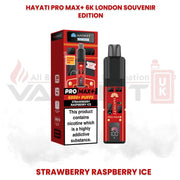 Hayati Pro Max+ 6000 puffs London Souvenir Edition vape in Strawberry Raspberry Ice flavour with packaging showing London themed design and 20mg nicotine strength.