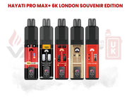 Hayati Pro Max+ 6000 puffs London Souvenir Edition vape collection displaying five themed device designs inspired by London icons.