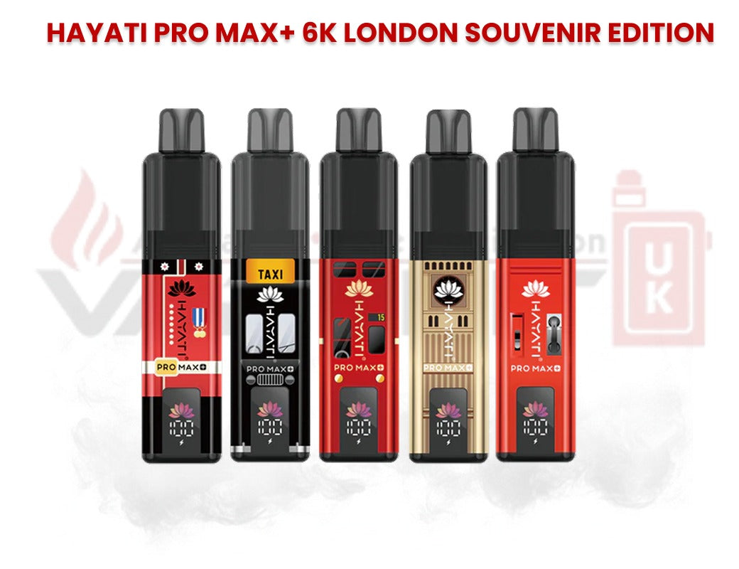 Hayati Pro Max+ 6000 puffs London Souvenir Edition vape collection displaying five themed device designs inspired by London icons.