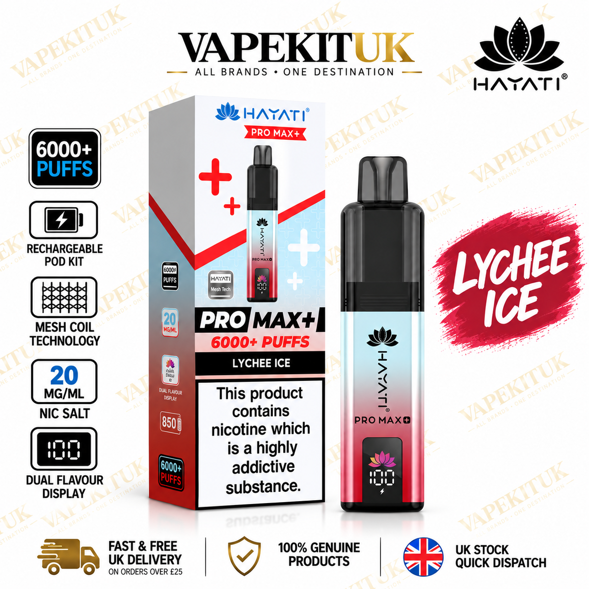 Hayati Pro Max Plus 6000 Lychee Ice 20mg pod kit - VapeKitUK