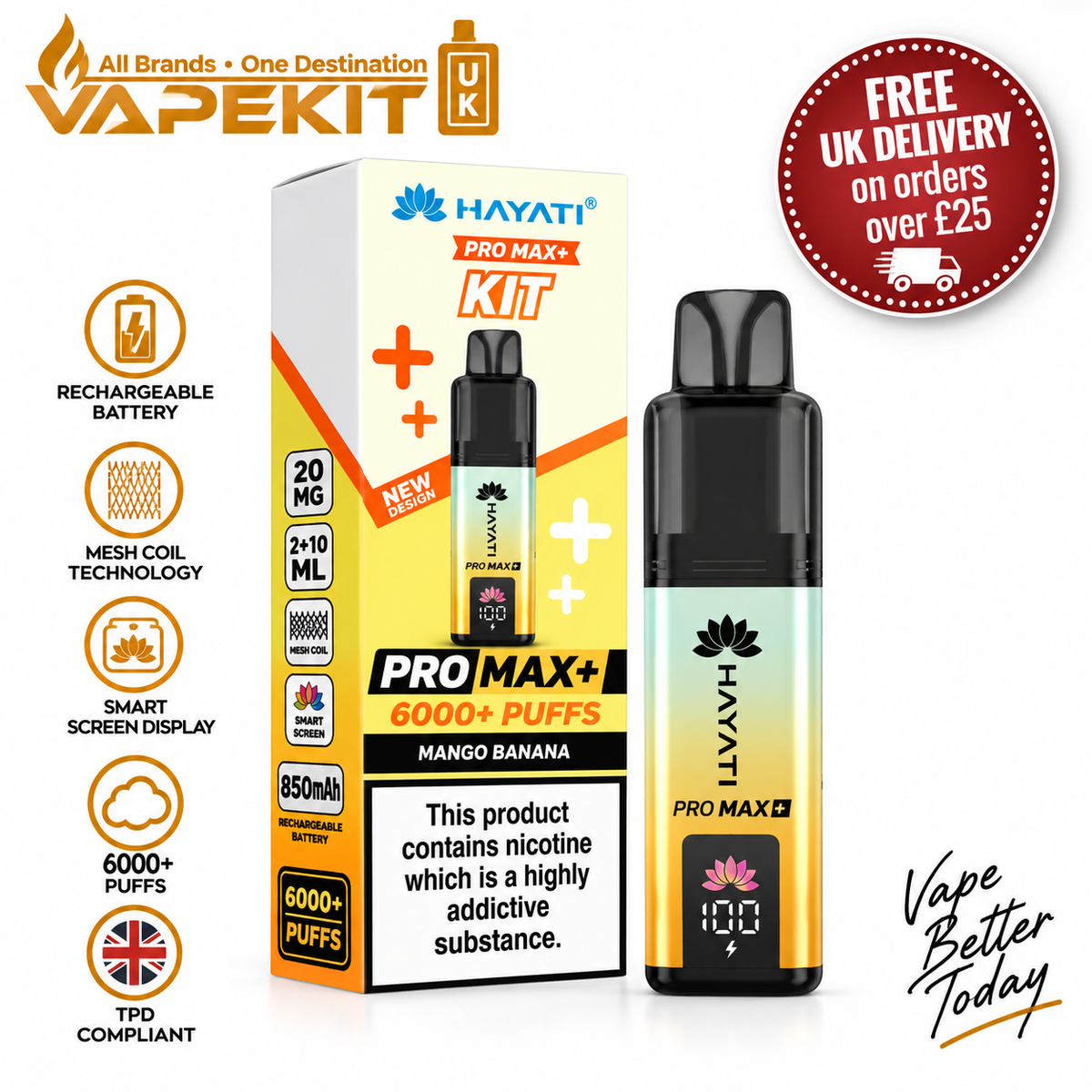 Hayati Pro Max Plus 6000 Mango Banana 20mg prefilled pod kit - VapeKitUK