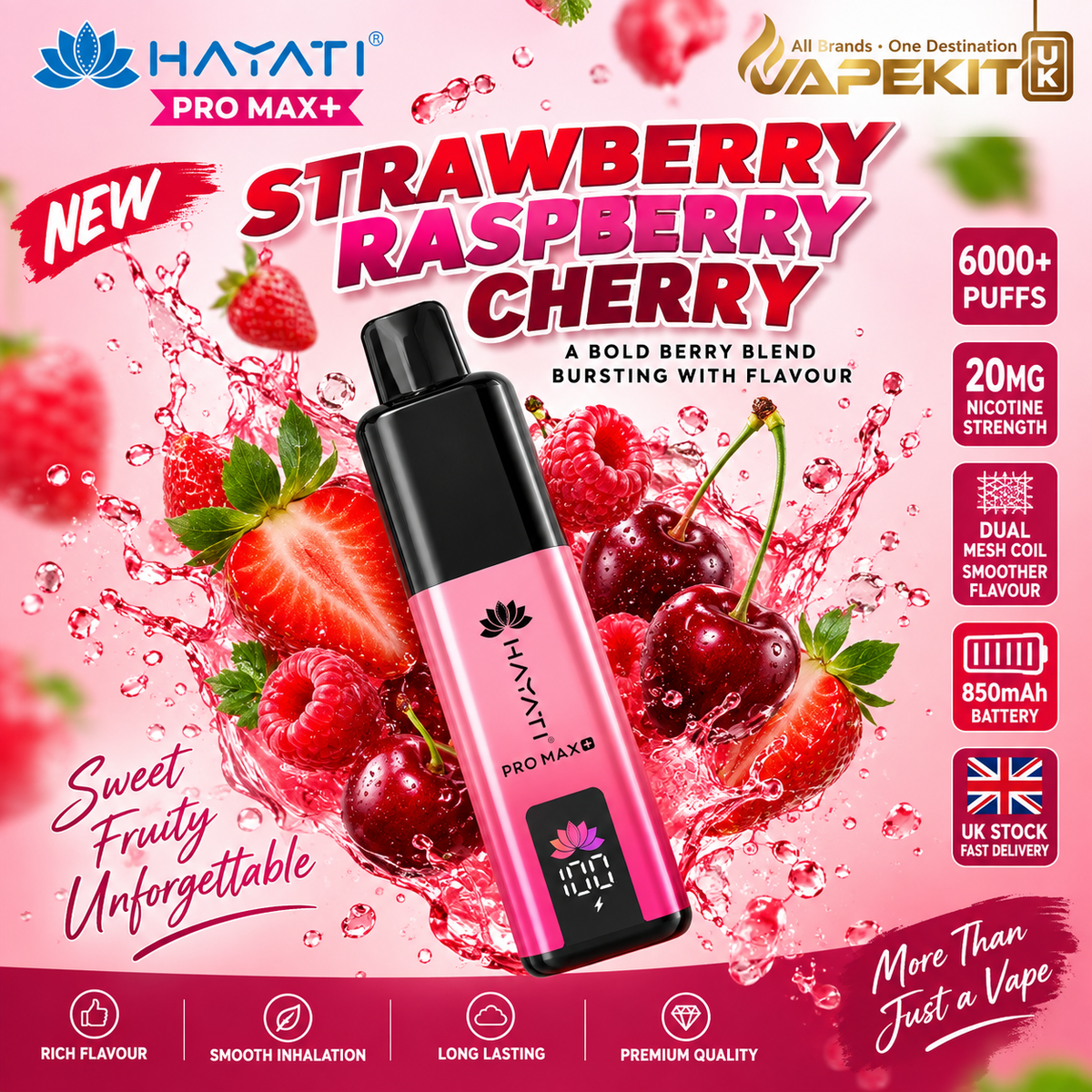 Hayati Pro Max Plus 6000 Strawberry Raspberry Cherry 20mg Hayati 6K prefilled pod kit VapeKitUK