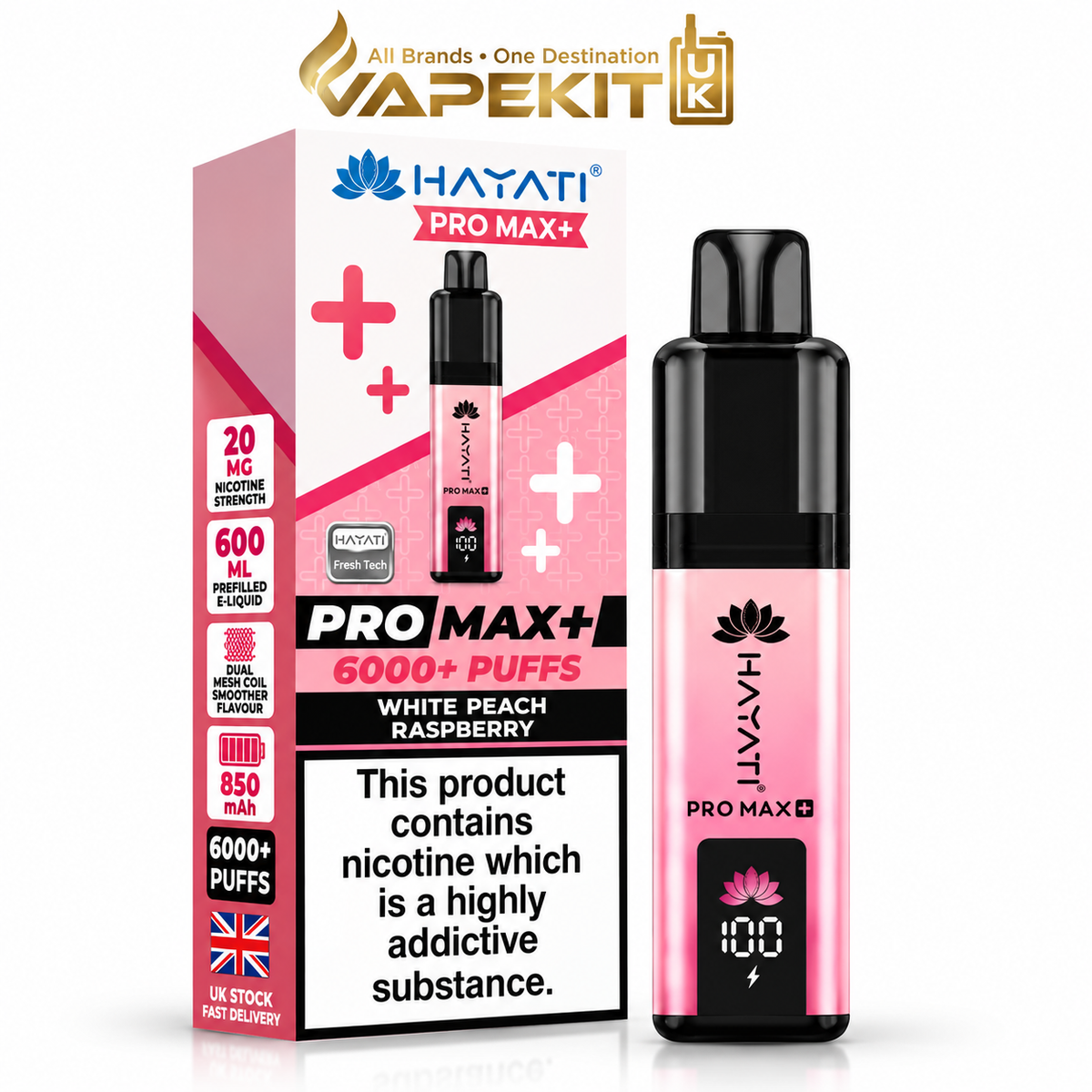 White Peach Raspberry Hayati Pro Max Plus 6000 20mg Hayati 6K prefilled pod kit VapeKitUK