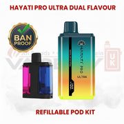 Hayati Pro Ultra dual flavour refillable pod vape kit featuring ban proof badge, gradient device design and dual pod system.