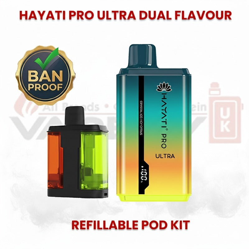 Hayati Pro Ultra dual flavour refillable pod vape kit with ban proof badge, showing gradient device and dual colour refill pod system
