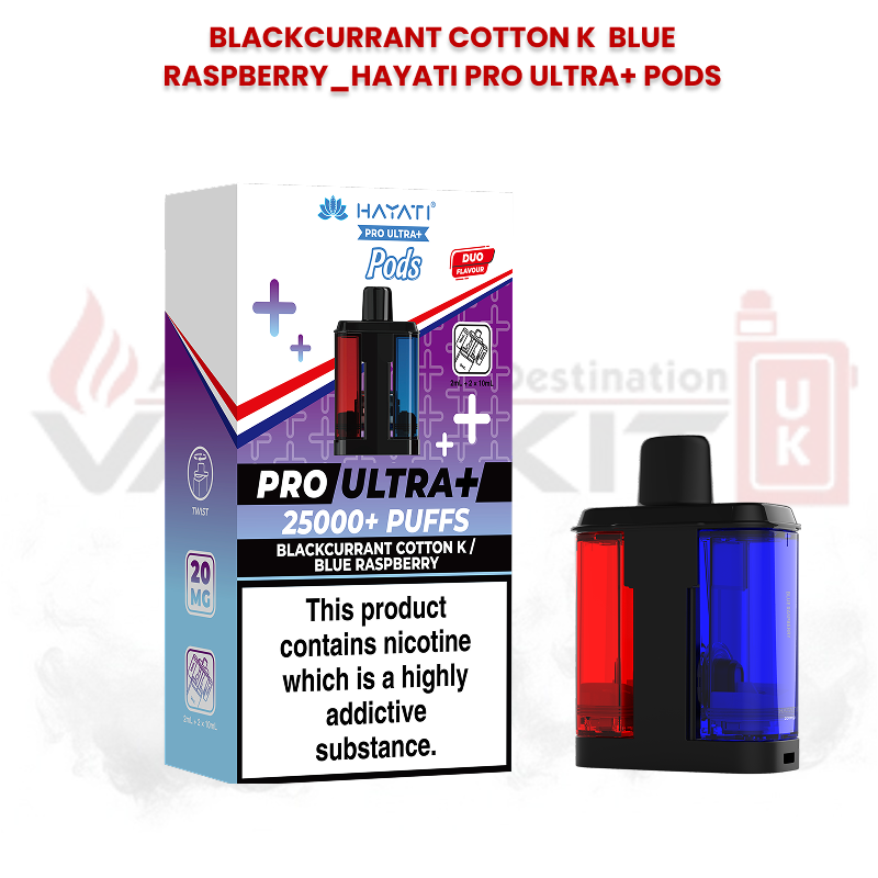 Hayati Pro Ultra+ replacement pods with Blackcurrant Cotton K and Blue Raspberry flavours, showing 25000 puffs packaging and dual-flavour pod design.