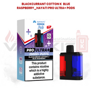 Hayati Pro Ultra+ replacement pods with Blackcurrant Cotton K and Blue Raspberry flavours, showing 25000 puffs packaging and dual-flavour pod design.