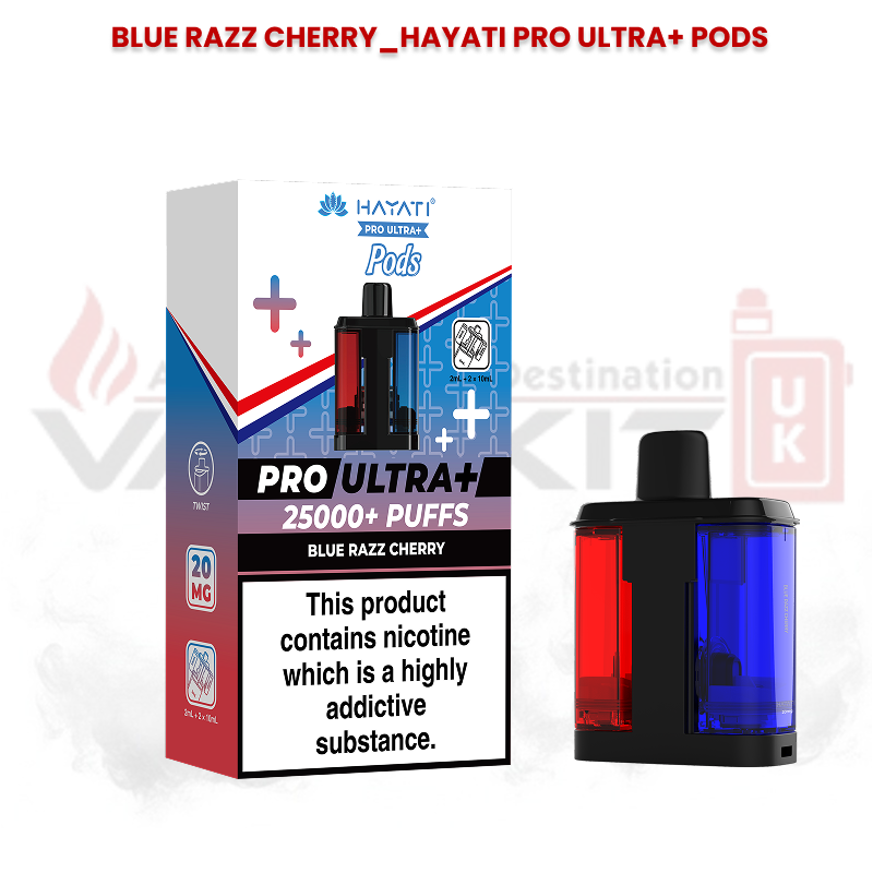 Hayati Pro Ultra+ replacement pods in Blue Razz Cherry flavour with 25000+ puffs packaging and dual-flavour pod design.