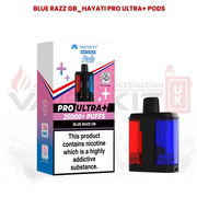 Hayati Pro Ultra+ replacement pods in Blue Razz GB flavour with 25000+ puffs packaging and dual-flavour pod design featuring red and blue pod chambers.