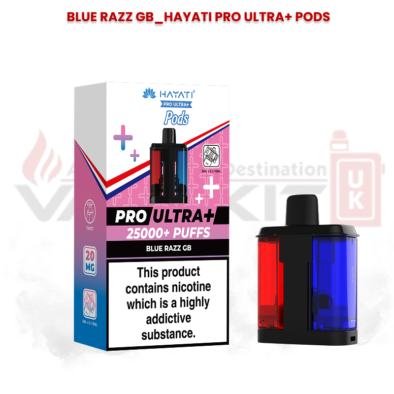 Hayati Pro Ultra+ replacement pods in Blue Razz GB flavour with 25000+ puffs packaging and dual-flavour pod design featuring red and blue pod chambers.
