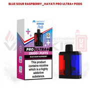 Hayati Pro Ultra+ replacement pods in Blue Sour Raspberry flavour with 25000+ puffs packaging and dual-flavour pod design featuring red and blue chambers.