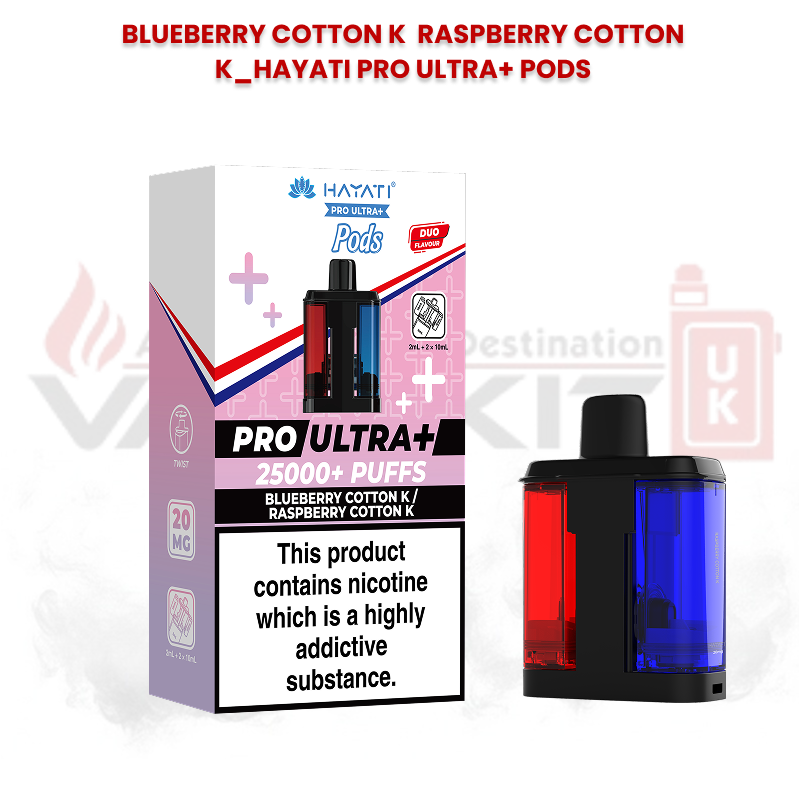 Hayati Pro Ultra+ replacement pods in Blueberry Cotton K and Raspberry Cotton K flavours with 25000+ puffs packaging and dual-flavour pod design featuring red and blue chambers